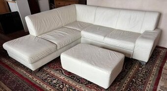 Bílá kožená rohová sedačka s taburetem,5979