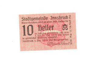 10 Heller Innsbruck,nouzová bankovka Rakousko 1919