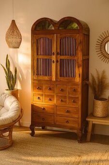 Stará koloniální dřevěná vitrína, zásuvky, knihovna, příborn