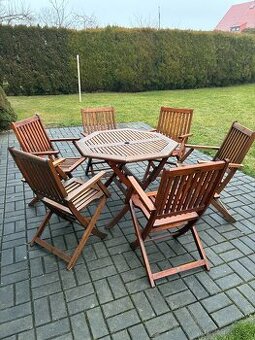 Zahradní posezení rozkládací,dřevo 6 židlí+stul.