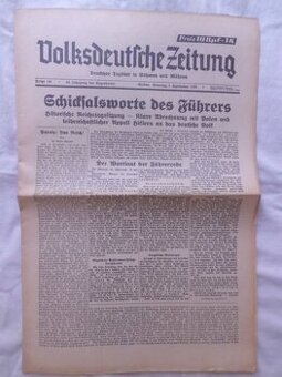 Původní Starožitné Noviny z Války VOLKSDEUTSCHE ZEITUNG 1939