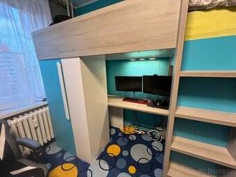 Poschoďová postel s psacím stolem a skříní (bez matrace)