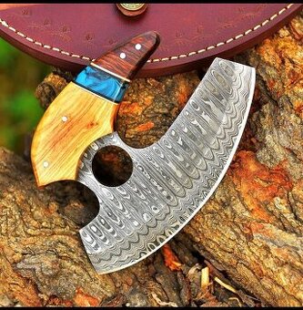 ručně kovaná Damašková sekera VALHALLA s koženým pouzdrem