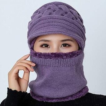 Nový pletený set dámské čepice s kšiltem + nákrčník, fialový