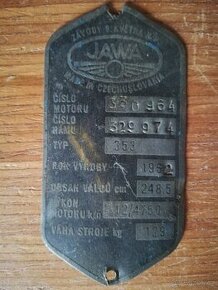 Původní typový štítek JAWA 250/353, 1962, poslední kývačka,