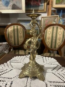 Luxusní starožitný mosazný svícen s andílkem