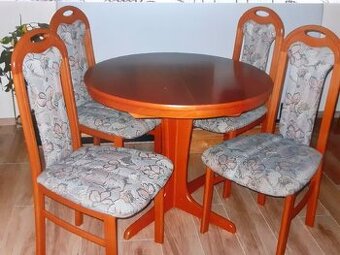 Stůl kulatý jídelní, rozkládací a 4 židle - masiv