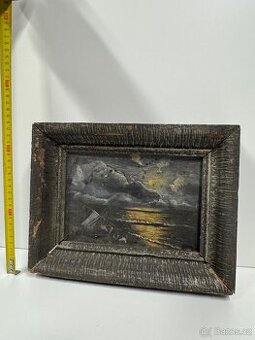 Noční moře s plachetnicí, olejomalba v původním rámu