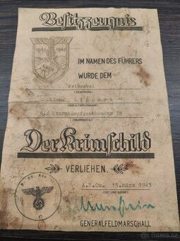 Wehrmacht - dekret o propůjčení Krymského štítu
