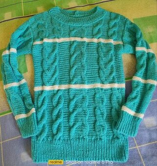 RUČNĚ PLETENÝ, NOVÝ, HEBKÝ, TYRKYSOVÝ SVETŘÍK: S-M nenošený