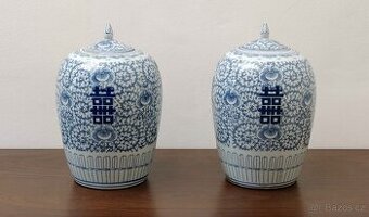 Čínské párové zásobnice s víky, kobaltová podglazurní malba,