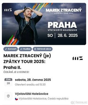 MAREK ZTRACENÝ 2X VSTUPENKA PRAHA 28.6