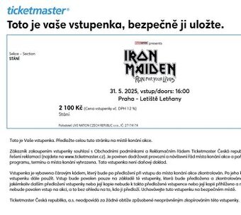 Vstupenka na koncert Iron Maiden 31.5.2025 v Praze.
