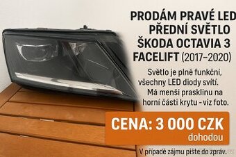 Prodám pravé LED přední světlo Škoda Octavia 3 Facelift (201