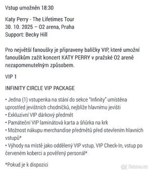 KATY PERRY (4 vstupenky) Vip1 VIP package.