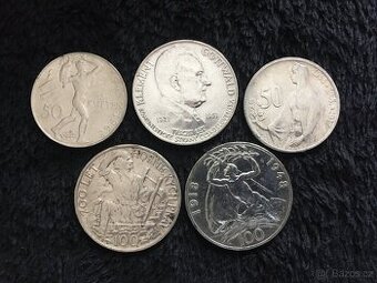 5 kusů stříbrných 50 a 100 Kčs ČSSR, každá mince jiná