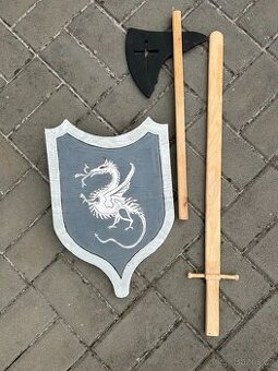 Dětský dřevěný meč, sekera, štít - ručně malované