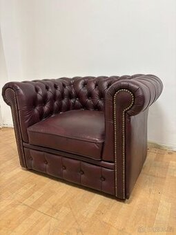 CHESTERFIELD ŠTÝL,TMAVOBORDOVÉ,KOŽENÉ KRESLO/NOVÉ/