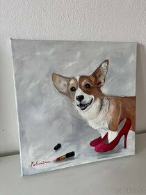 Obraz olejomalba na plátně pes corgi, 40x40 cm