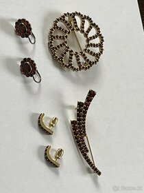 Český granát, šperky, zlato 585/1000, Brož, Náušnice