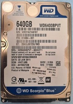 WD Scorpio Blue 640GB 5,4K 8MB SATA II 2,5'' WD6400BPVT