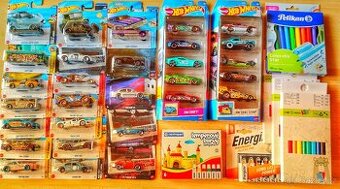 29x hot wheels autíčka, pastelky, fixy, temperky, baterky