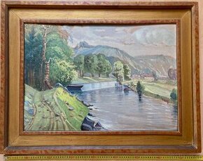 Originální olejomalba J. Volf – česká krajina s řekou