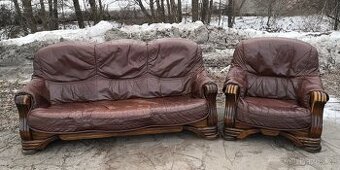 Kožená sedací souprava 3+1 s masivním dubovým dřevem