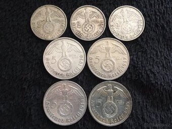 7 kusů 2 a 5 marek Třetí Říše Německo, každá mince jiná