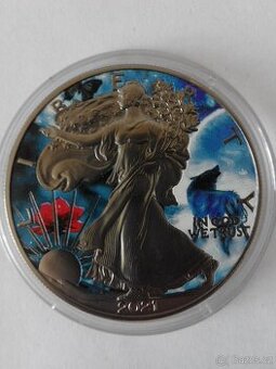 Stříbrná , číslovaná ,kolorovaná mince vlk, 1 oz