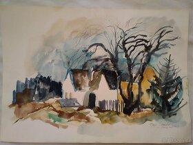 Česká Kanada, staré stavení na samotě, akvarel