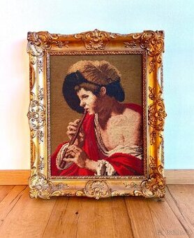 Starý obraz gobelín v masivním zdobeném rámu