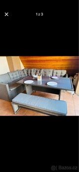 Venkovní ratanové posezení – rohová sestava + stůl + lavice