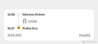 Prodám jízdenku na vlak LEO express:Ostrava-Praha na 25.5.