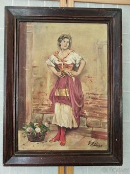 obraz PRODAVAČKA KVĚTIN, olej, sign. E. Blaces cca. 1880