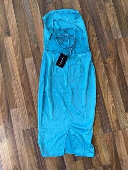 Nové modré satén šaty se šněrováním, vel L ale spíše menší,