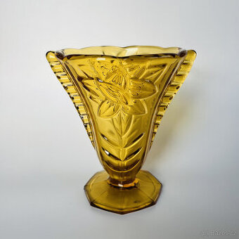 Starožitná Art Deco váza 15 cm, ambrové sklo