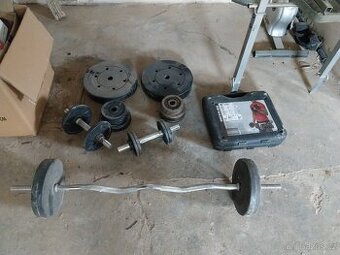 Prodám 50 kg závaží + dlouhou tyč + jednoručky