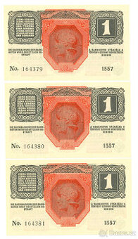 3x Rakousko-Uherská bankovka 1 koruna 1916, UNC zachovalost