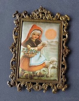 Nádherný obrázek na hedvábí v mosazném ramu (Itálie)