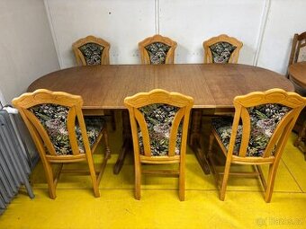 Masivní velký rustikální stůl + 6x masivní židle