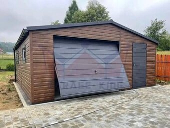Plechová garáž 6×5 v imitaci dřeva tmavý ořech - 1