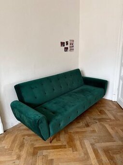 Saténově zelená pohovka 3-místná a rozkládací