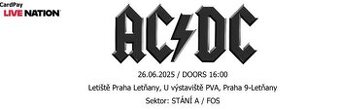 Predám vstupenku na AC/DC Praha - [22.6. 2025]
