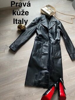 Italy kozene cerny kabat dlouhy trenckot 38
