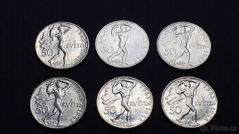 Stříbrné 50 kčs 1948-6 kusů sbírkové stavy