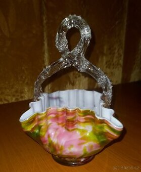 Starožitný skleněný košíček  ~ barevné "spatter" sklo