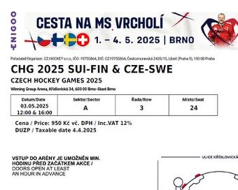 SUI-FIN & CZE-SWE Sobota 3.5.2025 vstupenky na hokej