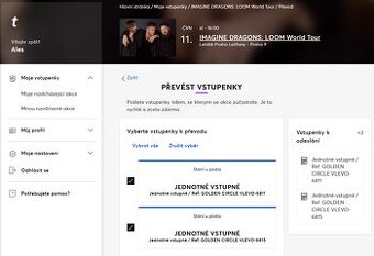 2x Imagine Dragons 11.6. Golden Circle, převod Ticketmaster