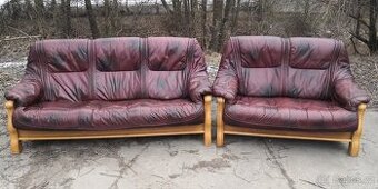 Kožená sedací suprava 3+2 s masivním dřevem
